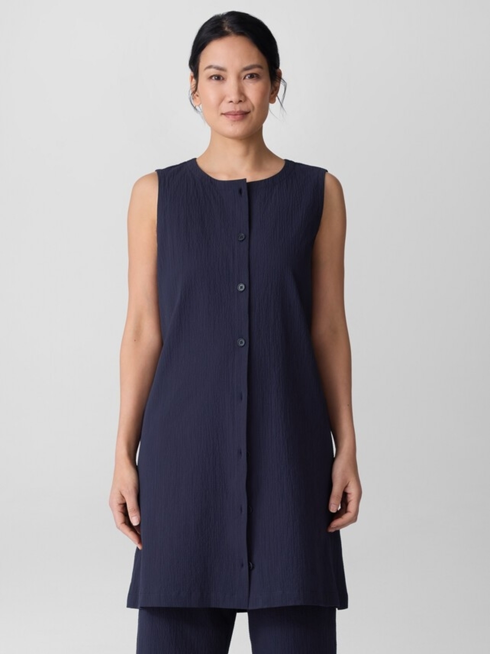 Eileen Fisher Dark Blue Ink, Pucker Long Vest Top Dress Tunic Size Medium.